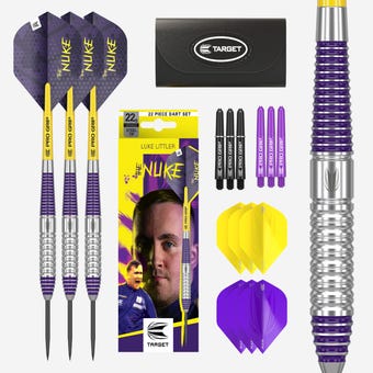 Target Darts Luke Littler Brass Steel Tip Darts - Dart set, Flights, Shafts, Wallet and Box