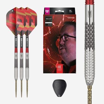 Stephen Bunting G5 Steel Tip Darts Set with box and barrel close up
