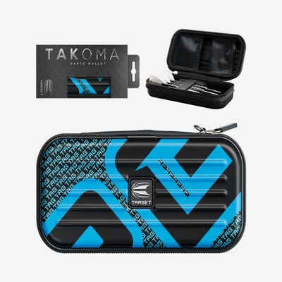 Takoma Tag blue darts wallet  - dart case with box and darts being held in the wallet - version 2