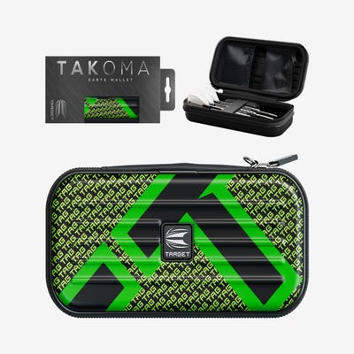 Takoma Tag Green darts wallet  - dart case with box and darts being held in the wallet - version 2
