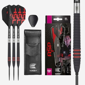 Target Darts Nathan Aspinall 80% Black Swiss Point Steel Tip Darts Set Box Contents - Main Image